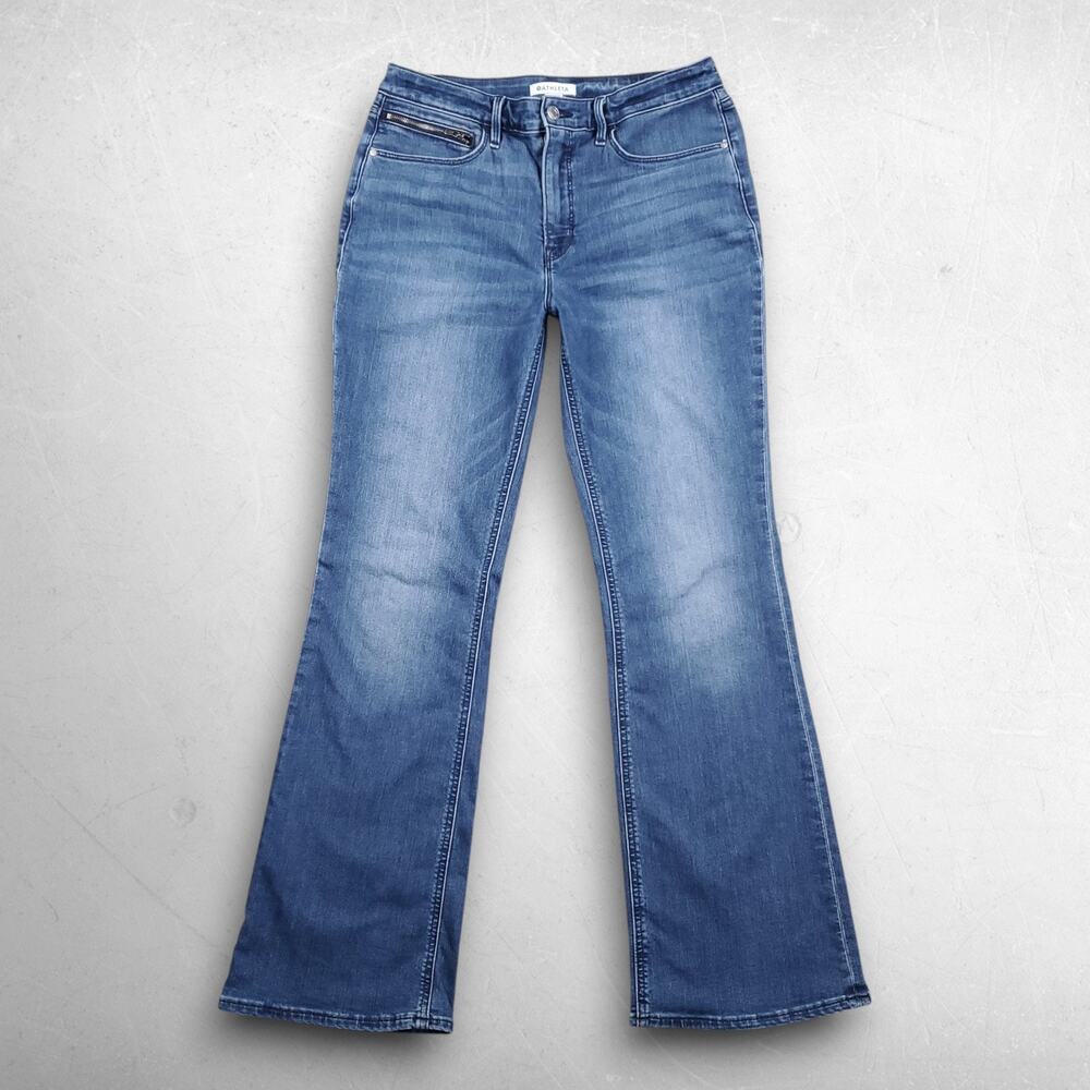 Athleta Skulptek Flare Jeans Women 12 Blue Stretch Comfort Faded Boho Minimalist